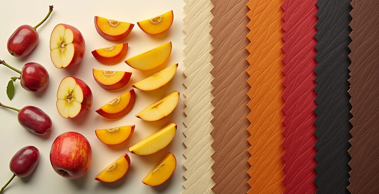 Gros plan texturé de matériaux de cuir végétal (pomme, raisin, maïs) montrant les couches et la composition hybride