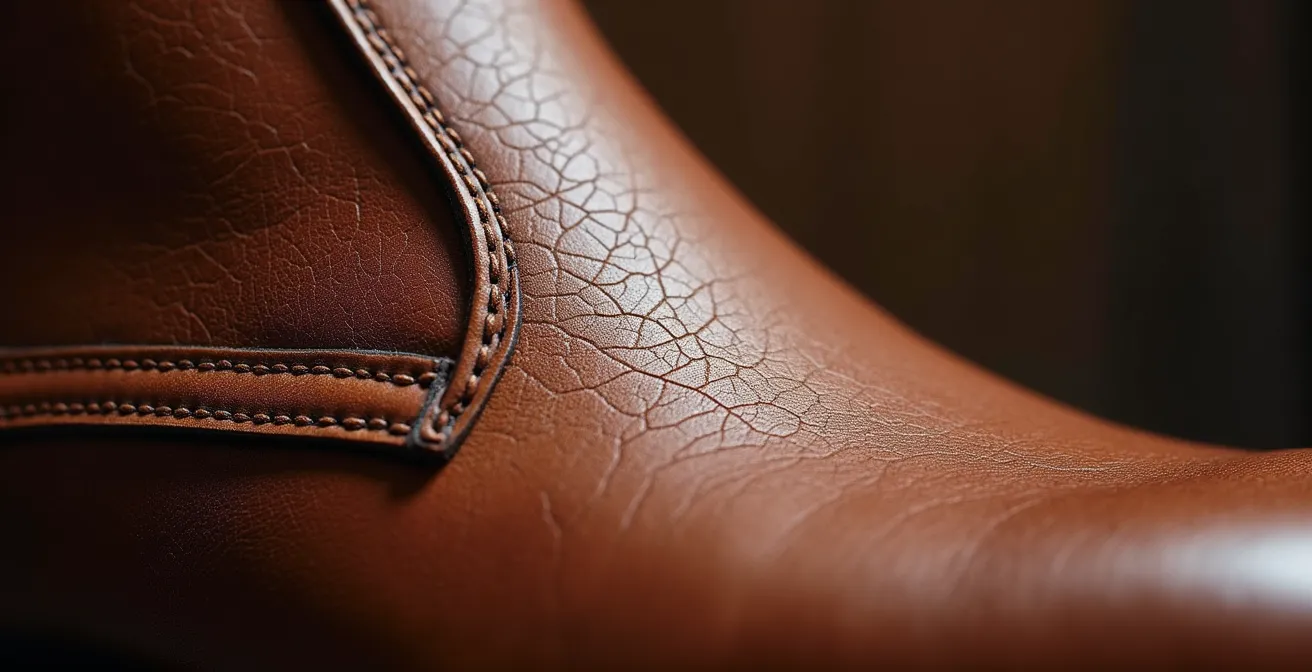 Gros plan sur la texture du cuir d'une bottine montrant les détails de grain naturel