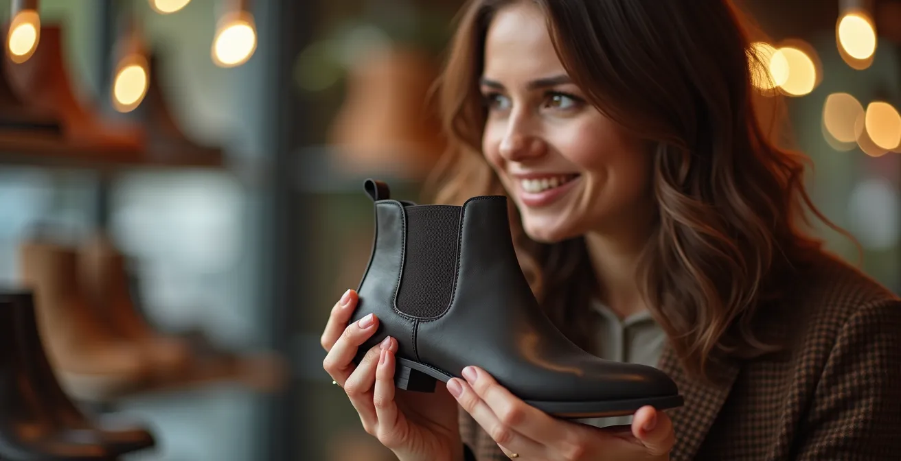Femme contemplant une paire de bottines dans une boutique avec expression réfléchie